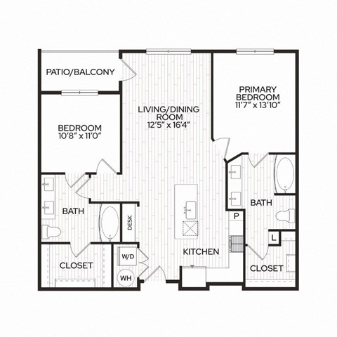 Floor plan for 2 beds, 2 baths, 1071 sqft